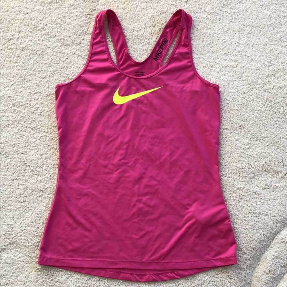 Nike Pro Women's Pink Dri-Fit Tank Top featuring yellow swoosh